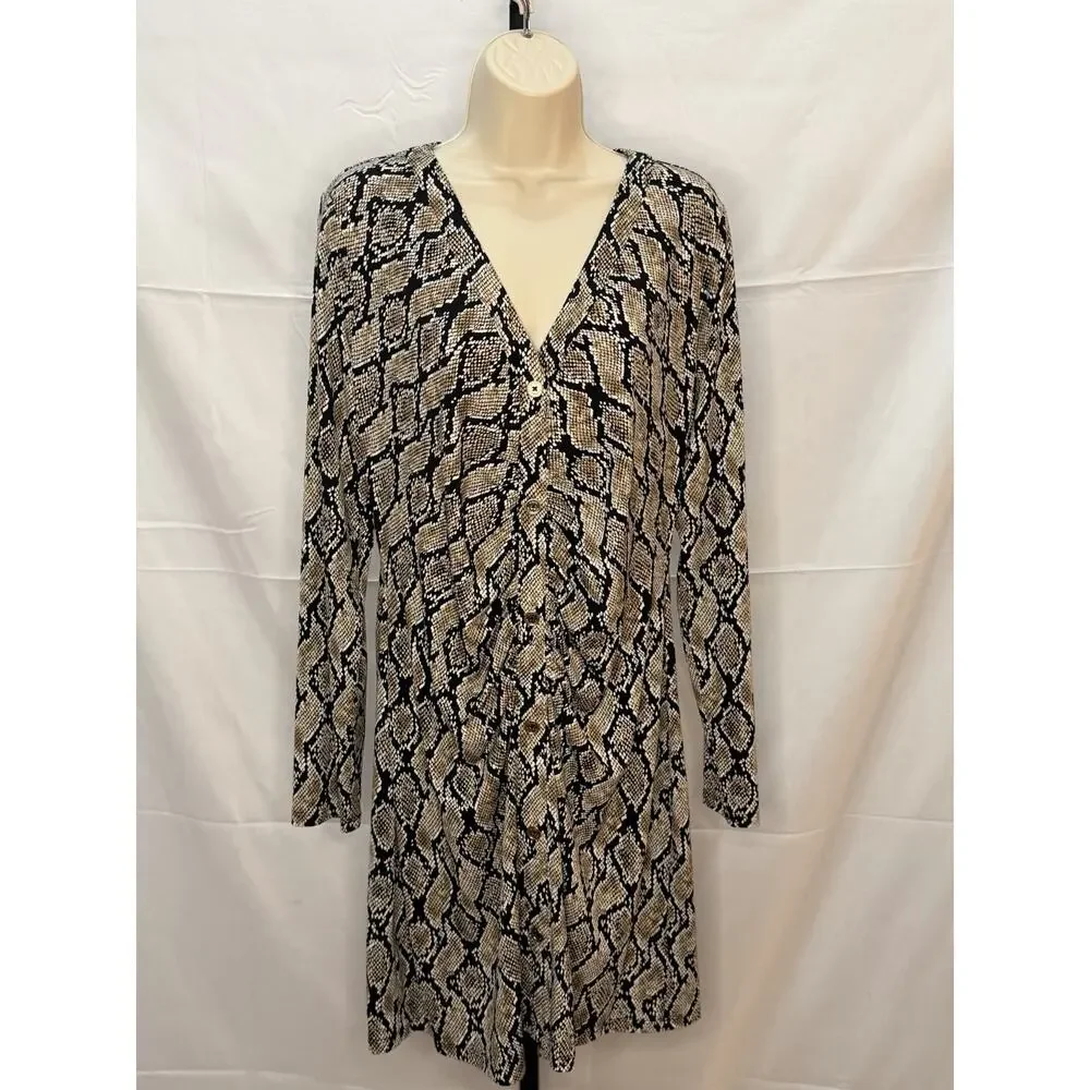 Michael Michael Kors Snake-Print Long Sleeve Button Front Ruched Dress XL